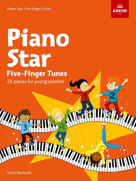 Livre 'Piano Star: Five-Finger Tunes' avec quatre enfants souriants sur un clavier de piano, portant les numéros 1, 2, 3, 4, 5 sur leurs vêtements.