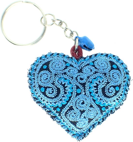 Blauw hart van stof - sleutelhanger - tashanger - met belletje