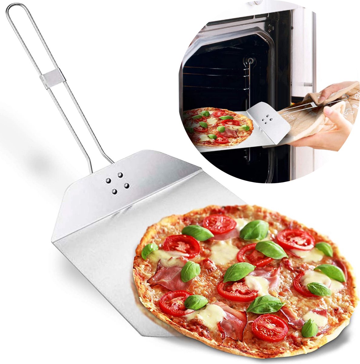 Cheqo® Inklapbare Pizzaschep - Pizza Schep - Pizzaspatel - Taartschep - Keukengerei - Spatel voor BBQ en Oven - RVS - 35x25cm - 34cm Lange Handgreep