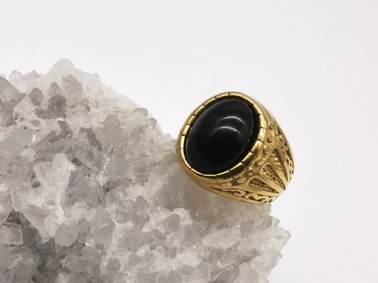 RVS goudkleurig ovale edelsteen ring met Onyx edelsteen maat 21. Geweldig cadeau te geven of zelf dragen.