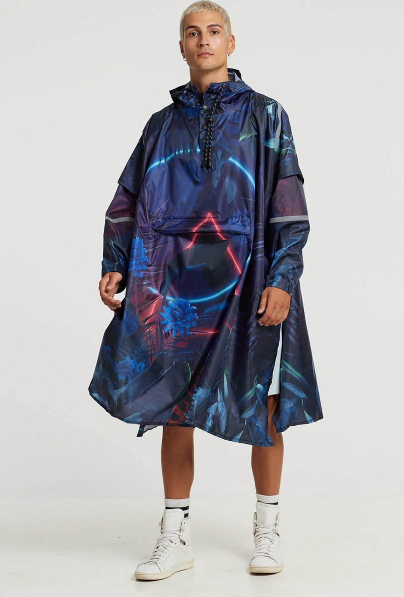 365-Dry Duurzame Regen Poncho, M/L, Donker Blauw ‘Neon Forest’