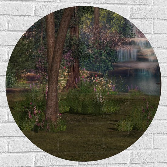 WallClassics - Muursticker Cirkel - Bloemen en Bomen bij Waterval - 80x80 cm Foto op Muursticker