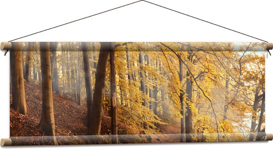 WallClassics - Textielposter - Zonnestralen tussen Herfstbos - 90x30 cm Foto op Textiel