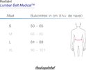 Maattabel Lumbar Belt Medical met maten S, M, L, XL en buikomtrek in cm. Schematische weergave van de buik en rug met maatindicatie.