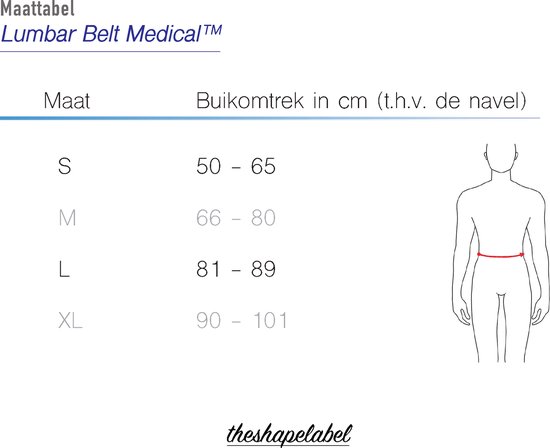 Maattabel Lumbar Belt Medical met maten S, M, L, XL en buikomtrek in cm. Schematische weergave van de buik en rug met maatindicatie.