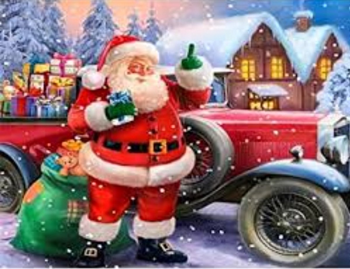Denza - Diamond painting vrolijke kerstman met oldtimer - 40 x 50 cm volledige bedrukking rond - Christmas - kerst - kerstmis