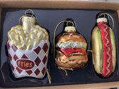 Glazen Kersthangers 3 stuks Fries Burger Hotdog 10 cm kerstbal/ornament