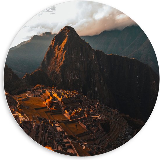 WallClassics - Cercle Mural en Plaque de Mousse PVC - Berg Machu Pichu au Pérou au Coucher du Soleil - 60x60 cm Photo sur Cercle Mural (avec système d'accrochage)