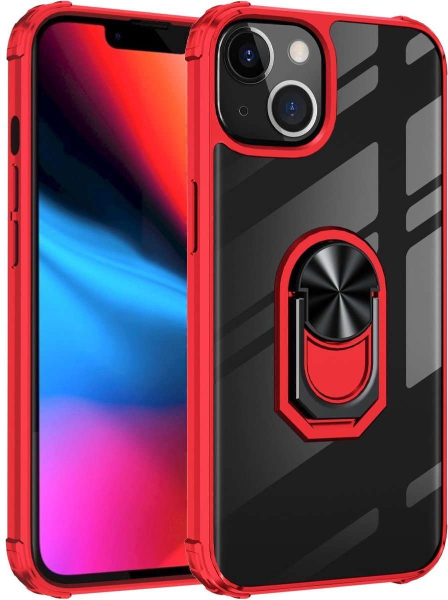 Mobigear Hoesje geschikt voor Apple iPhone 14 Pro Telefoonhoesje Hardcase | Mobigear Crystal Ring Backcover met Ringhouder | iPhone 14 Pro Case | Back Cover - Transparant / Rood
