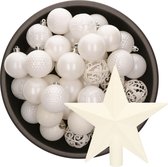 Decoris Kerstballen - kunststof - 37x stuks - 6 cm - met ster piek - wit