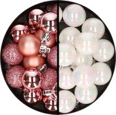 Kerstballen 36x stuks - 3 en 4 cm - roze en parelmoer wit - kunststof