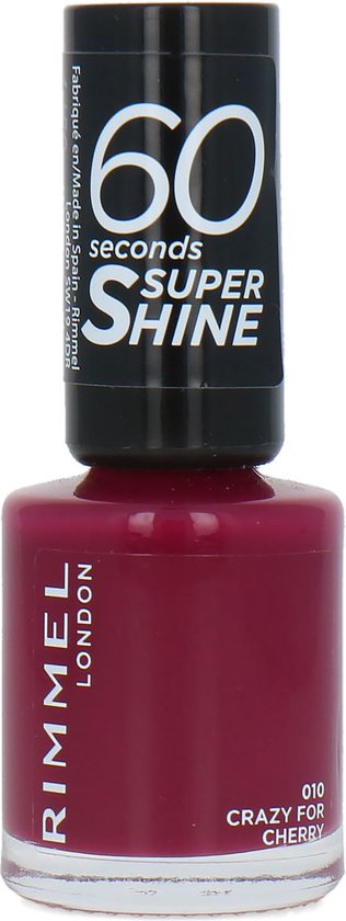Rimmel 60 Seconds Super Shine nagellak in de kleur 010 Crazy For Cherry, een dieprode tint.