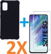 Anti-Shock silicone hoesje zwart met 2 Pack Tempered glas Screen Protector Geschikt voor:  Samsung Galaxy S21 FE