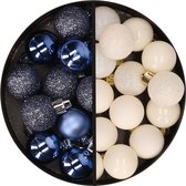 Kerstballen 34x st - 3 cm - donkerblauw en wolwit - kunststof