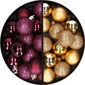 Kerstballen 34x st - 3 cm - aubergine paars en goud - kunststof