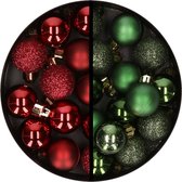 Kerstballen 34x st - 3 cm - donkerrood en donkergroen - kunststof