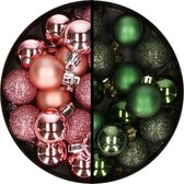 Kerstballen 34x st - 3 cm - roze en donkergroen - kunststof