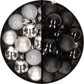 Kerstballen 36x stuks - 3 en 4 cm - zilver en zwart - kunststof