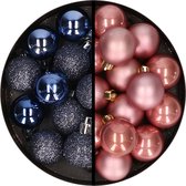 Kerstballen 36x stuks - 3 en 4 cm - donkerblauw en oudroze - kunststof