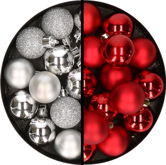 Kerstballen 36x stuks 3 en 4 cm - zilver en rood - kunststof | bol.com