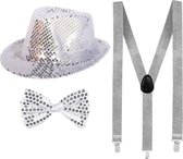 Folat Verkleedkleding set hoed/strikje/bretels zilver glitter volwassenen