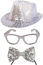 Toppers in concert - Folat Verkleedkleding set hoed/strikje/bril zilver glitter volwassenen