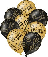 Verjaardag ballonnen - 30 jaar en happy birthday 12x stuks zwart/goud
