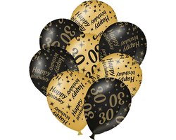 Verjaardag ballonnen - 30 jaar en happy birthday 12x stuks zwart/goud