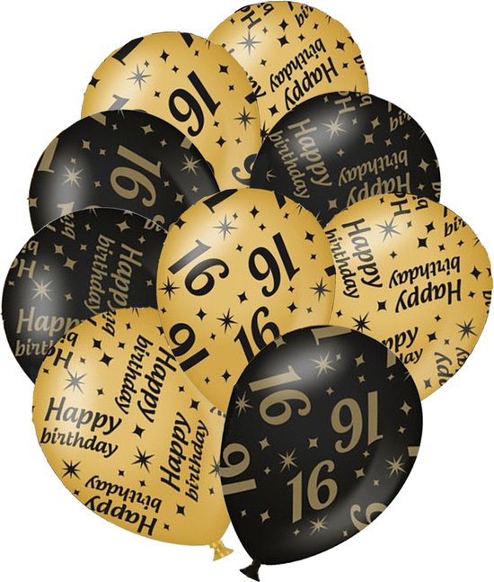 Verjaardag ballonnen - 16 jaar en happy birthday 24x stuks zwart/goud