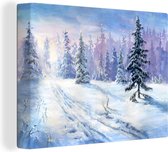 Canvas Schilderij Bos - Winter - Sneeuw - 120x90 cm - Wanddecoratie