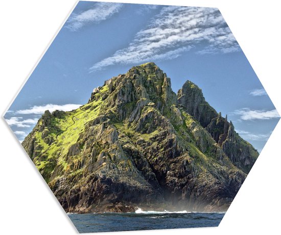 WallClassics - PVC Schuimplaat Hexagon  - Grote Rots in de Zee met Groen - 80x69.6 cm Foto op Hexagon (Met Ophangsysteem)