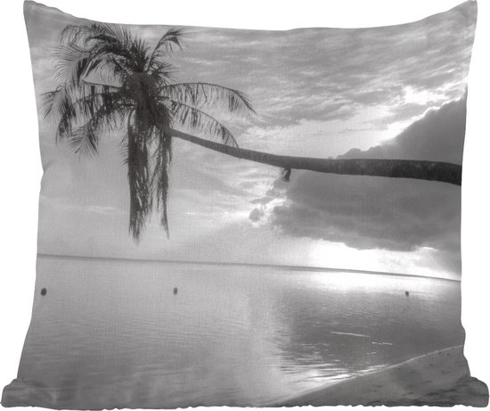 Sierkussens - Kussen - Overhangende palmboom op het strand van Mo'orea in zwart wit - 60x60 cm - Kussen van katoen