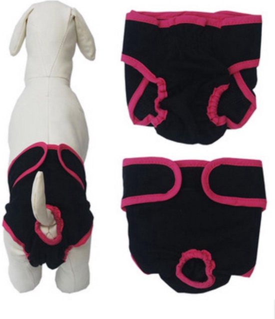 Collage van hondenluier op hond en twee losse luiers, zwart met roze randen.