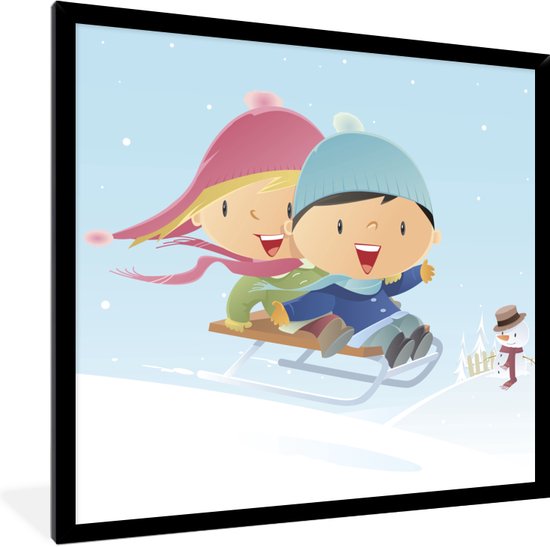 Fotolijst incl. Poster - Een illustratie van twee kinderen op een slee in de sneeuw - 40x40 cm - Posterlijst - Kerstmis Decoratie - Kerstversiering - Kerstdecoratie Woonkamer - Kerstversiering - Kerstdecoratie voor binnen - Kerstmis