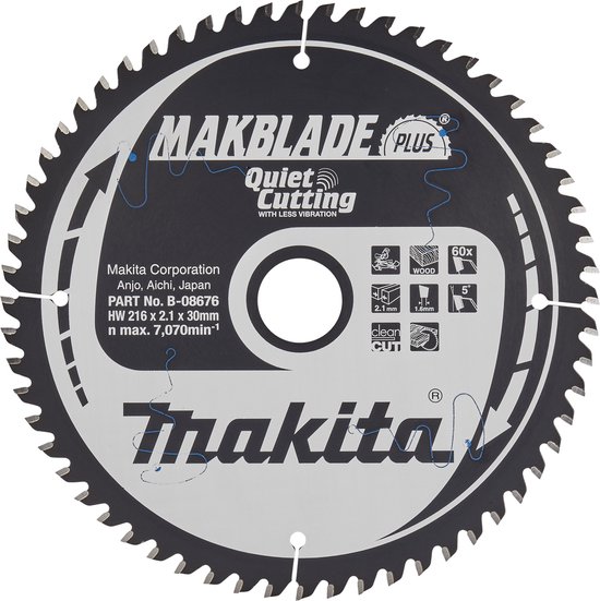 Makita Makblade Plus zaagblad voor hout, 216mm, 60 tanden, voor stille sneden met minder trillingen.