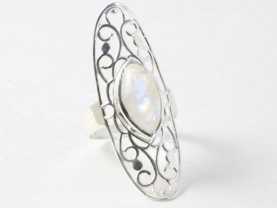 Bague en argent ajourée allongée avec pierre de lune arc-en-ciel - taille 17,5