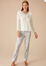 Suwen- Dames 2- Delige -Pyjama- Luxe Pyjamaset- Nachtkleding- Homewear- Grijs/Wit Maat XL