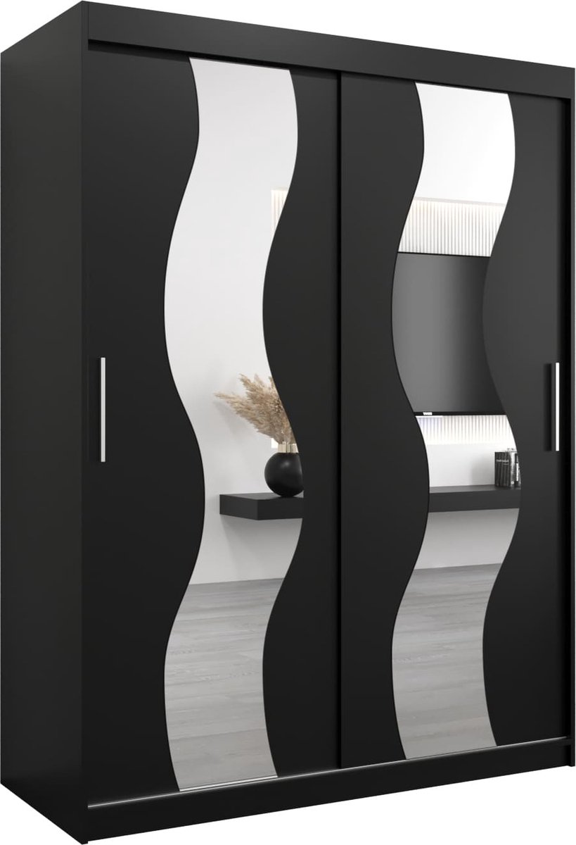 InspireME Kledingkast met 2 schuifdeuren, Modern-stijl, Een kledingkast met planken en een spiegel (BxHxD): 150x200x62 - REESE 150 Zwart Mat met 2 lades