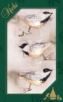 3x stuks luxe glazen decoratie vogels op clip wit/goud/zwart 11 cm - Decoratievogeltjes - Kerstboomversiering