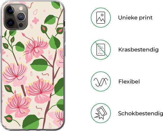 Coque iPhone 12 Pro Max - Bloem - Rose - Feuille - Motif - Coque de téléphone en Siliconen