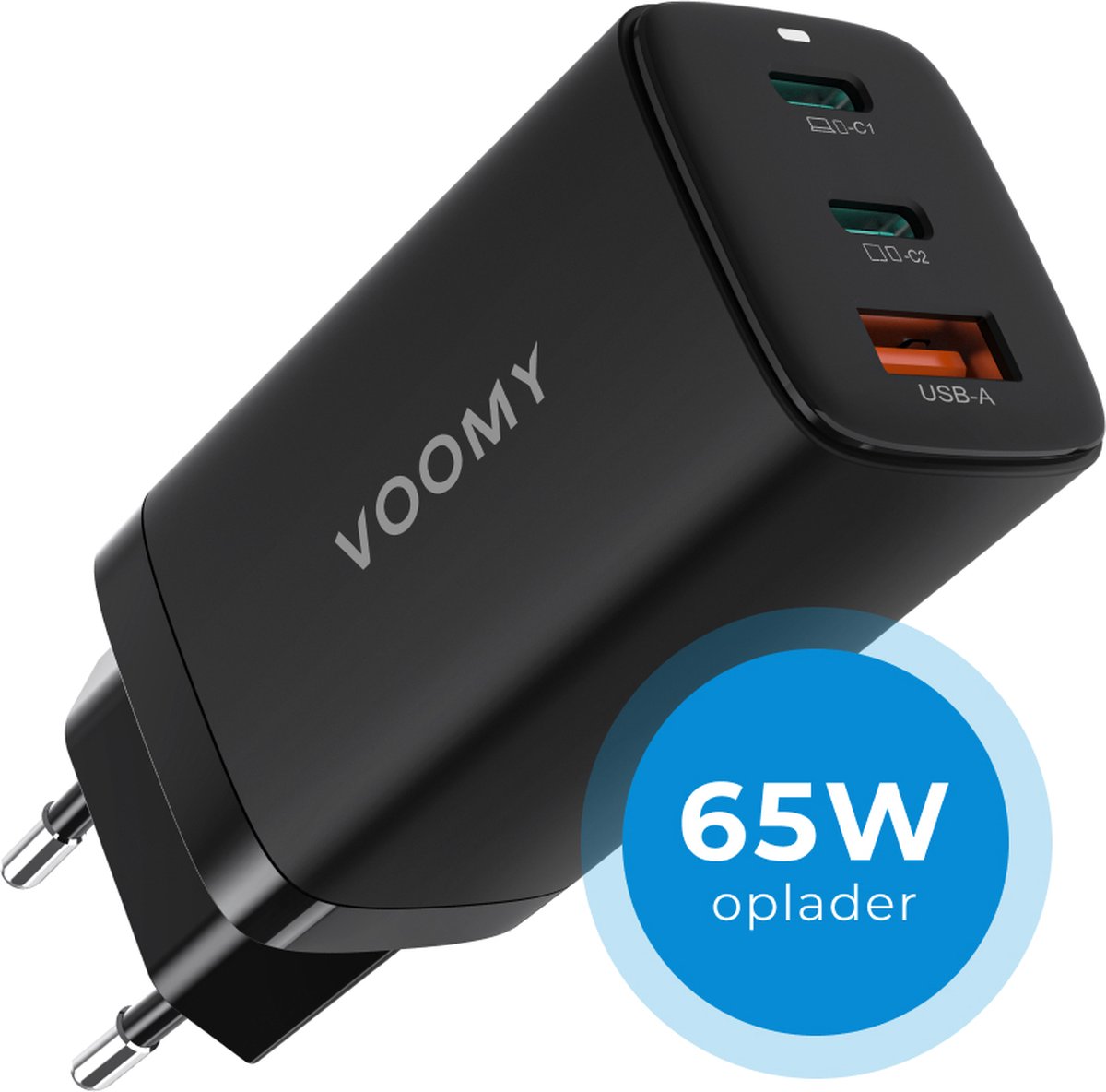 Voomy 65W Snellader - Oplader Geschikt voor iPhone 11, 12, 13, 14, 15 , Samsung S20, S21, S22, S23, S24, Macbook - 2 USB-C & 1 USB-A Adapter - Zwart