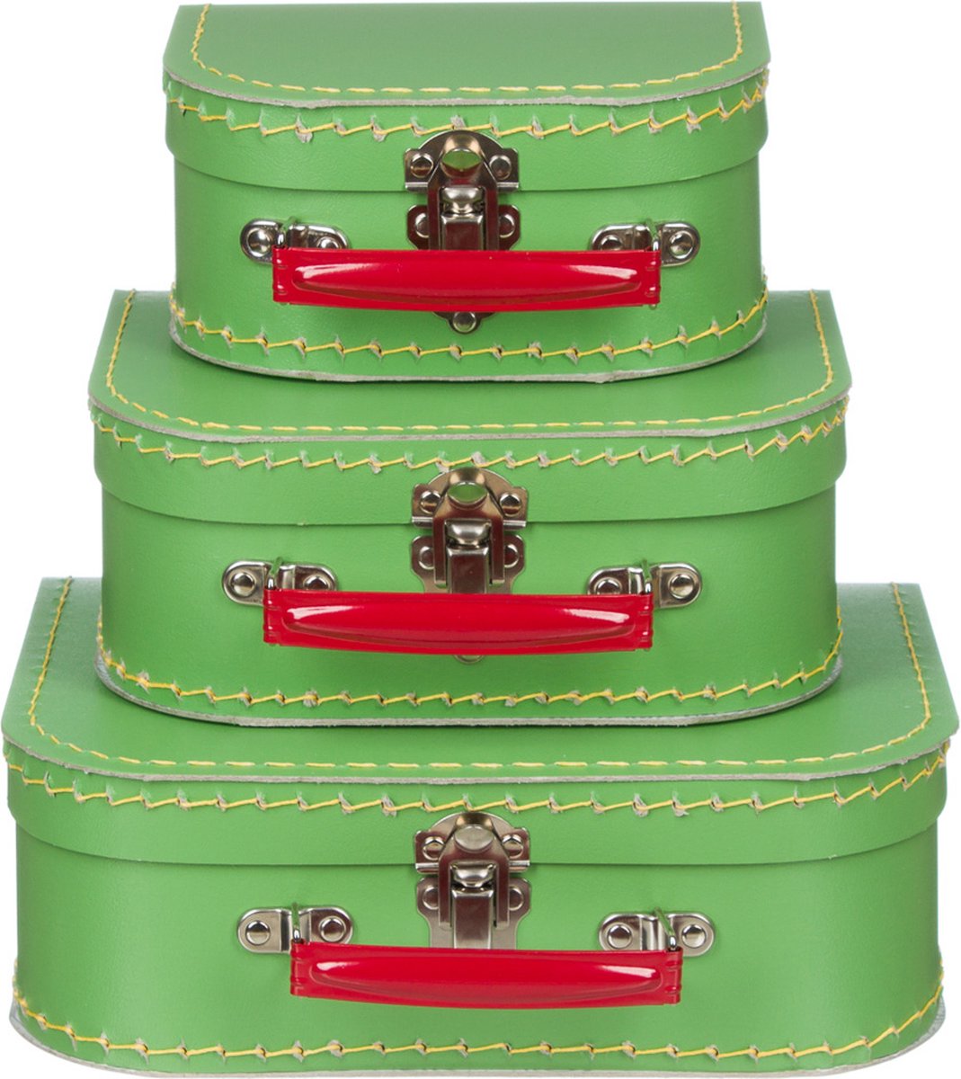 Kofferset - 3 koffers - 16-20-25cm - Decoratie - Kartonnen koffer - Logeerkoffer - Speelkoffer - Poppenkoffer- Opbergen - Vertelkoffer - Cadeau - Kraamkado - Groen met rood handvat