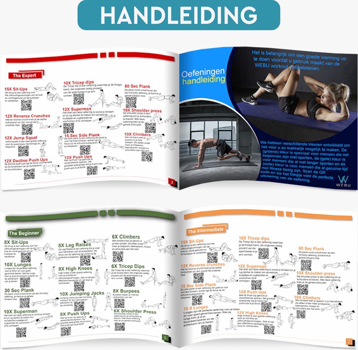 Afbeelding 2 van WEBU Workout Dobbelstenen + 51 Bodyweight Kaarten + 55 Dumbbell Workout Kaarten + 51 Yoga Trainingskaarten | Incl. Gratis Trainingsvideo's - Fitness - Crossfit - Thuis Sporten - Krachttraining - Yoga