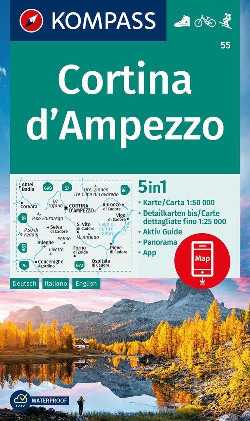 KOMPASS Wanderkarte 55 Cortina d'Ampezzo 1:50.000: 5in1 Wand ... - cover