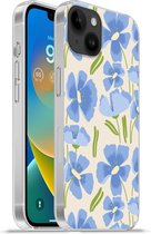 Geschikt voorApple Iphone 14 Plus - Soft case hoesje - Bloem - Blauw - Patronen - Siliconen Telefoonhoesje