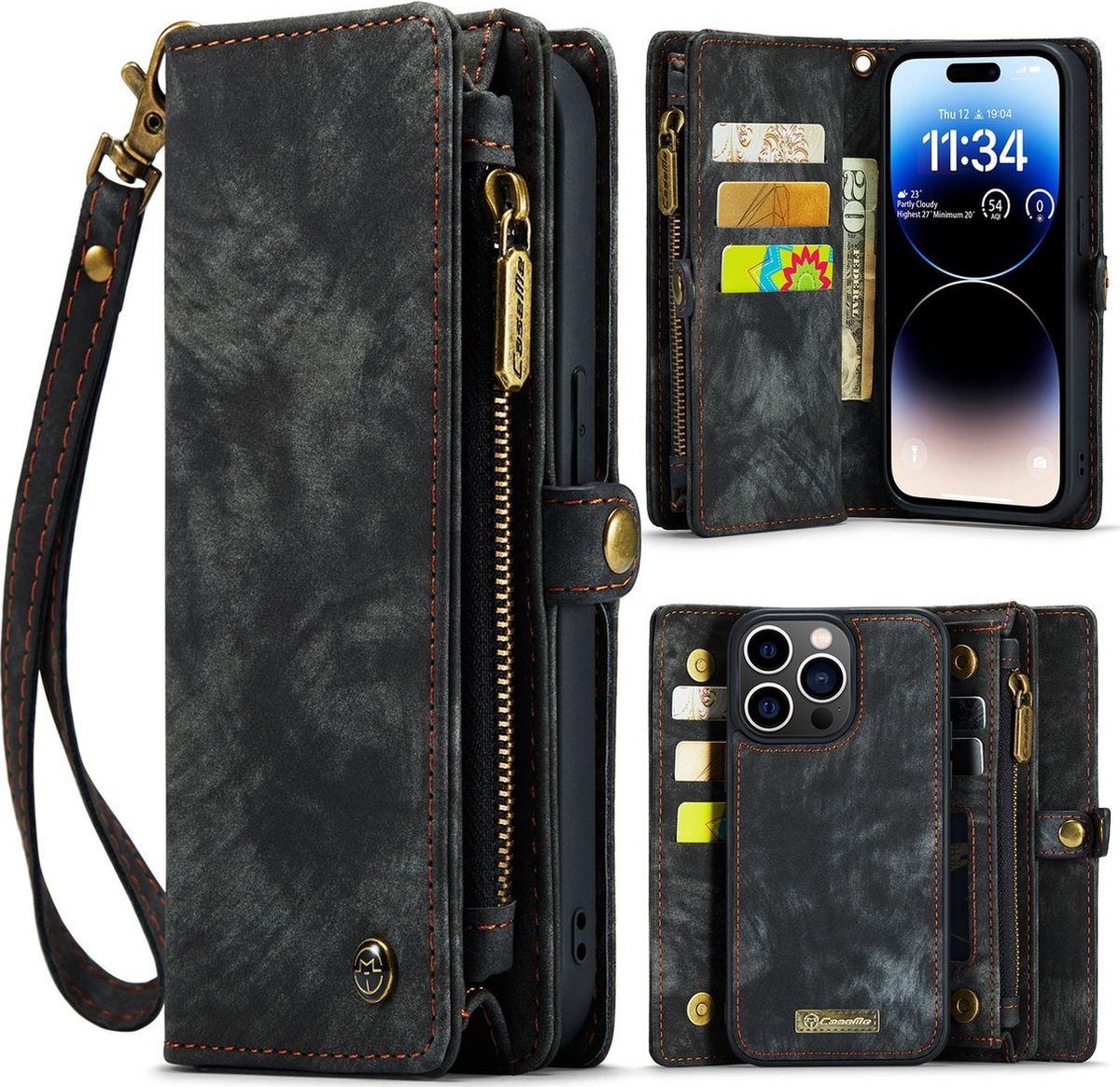 Caseme Telefoonhoesje geschikt voor Apple iPhone 14 Pro Hoesje | Caseme 008 Uitneembare 2in1 Bookcase Portemonnee | Pasjeshouder voor 8 Pasjes | Telefoonhoesje voor Pinpas / OV Kaart / Rijbewijs - Zwart