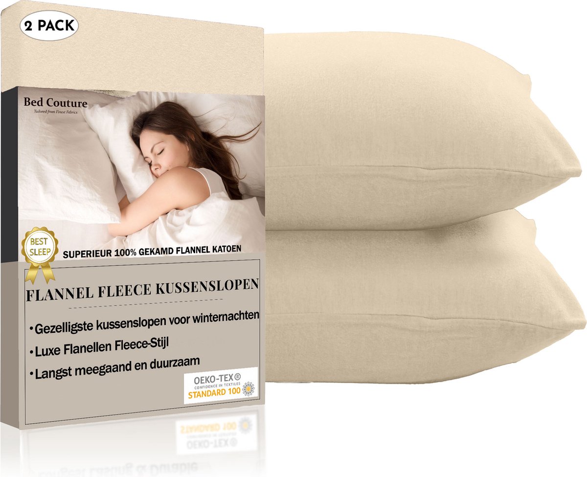 Bed Couture Flanel Fleece Kussenslopen - 100% Katoen Extra zacht en Warm - Set van 2 - 65x65 Cm - Vanille