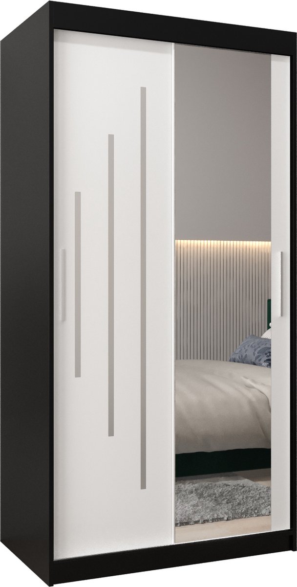 InspireME Kledingkast met 2 schuifdeuren, Modern-stijl, Een kledingkast met planken en een spiegel (BxHxD): 100x200x62 - MALTESE II 100 Zwart Mat + Wit Mat met 2 lades