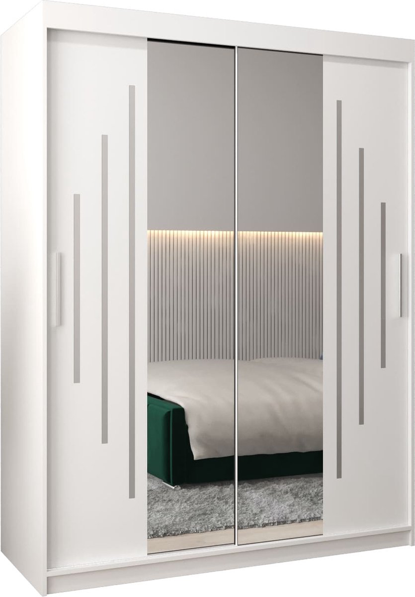 InspireME Kledingkast met 2 schuifdeuren, Modern-stijl, Een kledingkast met planken en een spiegel (BxHxD): 150x200x62 - MALTESE I 150 Wit Mat met 2 lades