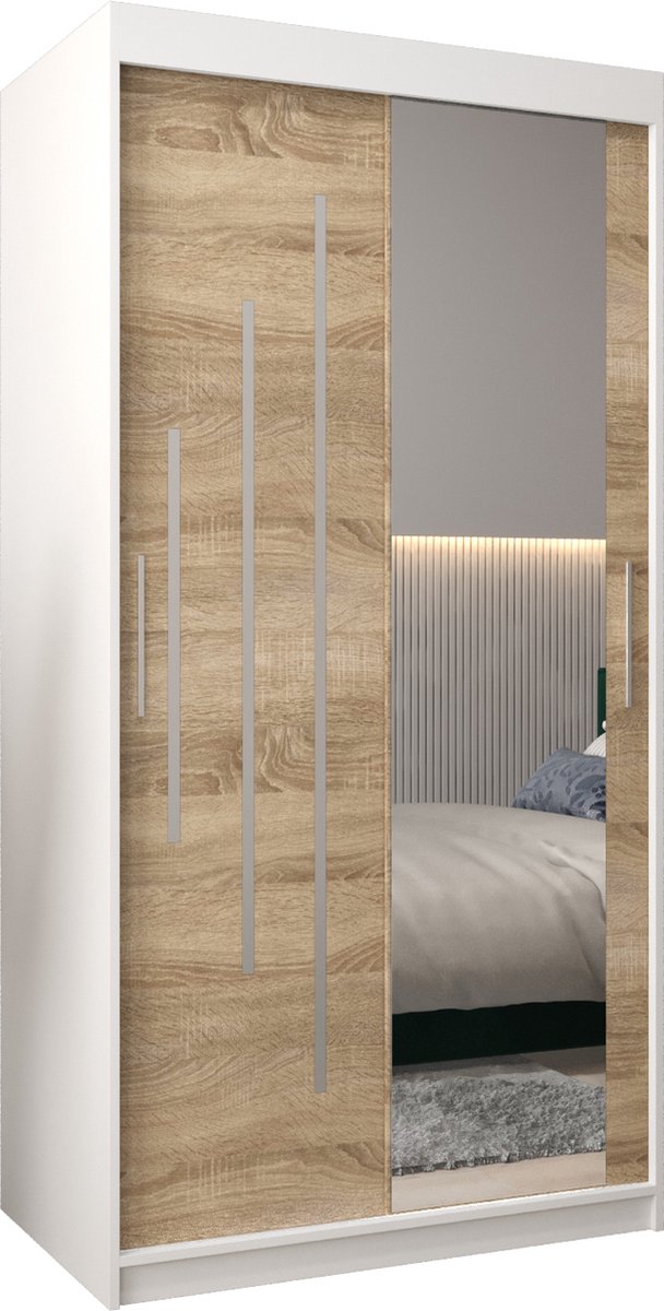 InspireMe - Kledingkast met 2 schuifdeuren, Modern-stijl, Een kledingkast met planken en een spiegel (BxHxD): 100x200x62 - MALTESE II 100 Wit Mat + Sonoma Eik met 2 lades